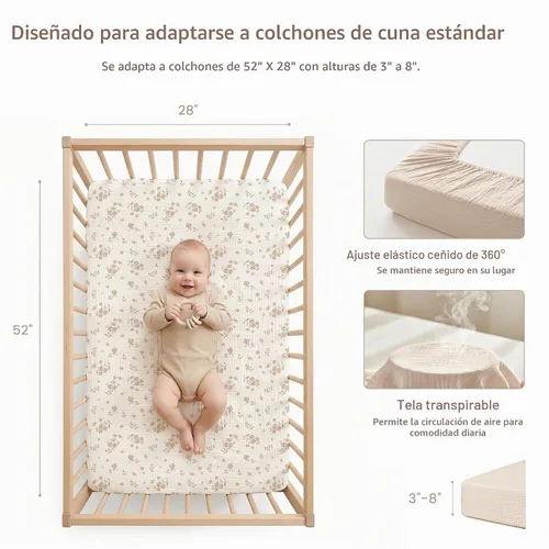 Vista 2 de Konssy Sábanas de Muselina para Cuna para Niña y Niño, 2 Piezas de Sábanas de Bebé de Algodón Suave y Transpirable para Colchón de Cuna Estándar