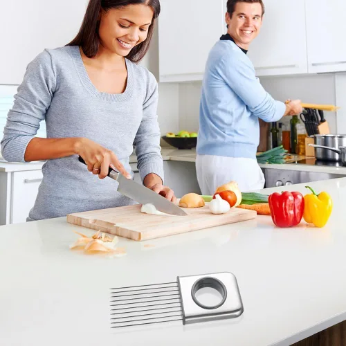 Vista 6 de Nuevo soporte para rebanar cebolla, soporte de cebolla de acero inoxidable para cortar verduras cortador de papa y tomate, herramienta asistente