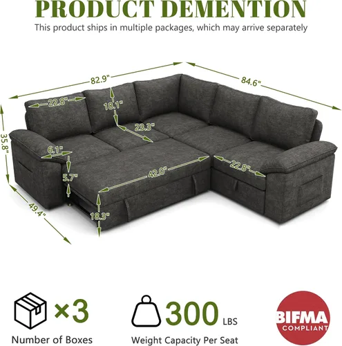 Vista 3 de Sofá modular modular de 85 pulgadas con cama extraíble, sofá cama, gris Gris-oscuro