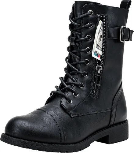 Vista 9 de Vepose Botas de combate para mujer, tacón bajo, botas militares a media pantorrilla con bolsillo para tarjetero, cuchillo y cartera