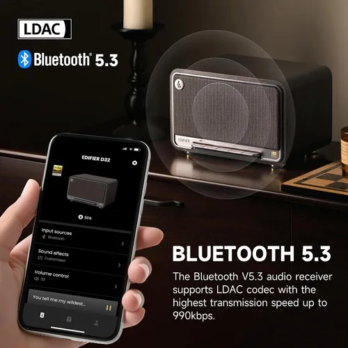 Vista 4 de Edifier Altavoces inalámbricos de mesa D32 de 60 W RMS, audio de alta resolución Bluetooth 5.3 compatible con LDAC, portátil retro de madera Negro