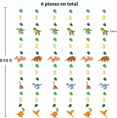 Vista 2 de Decoraciones de cumpleaños de dinosaurio de 52 pies para niños, pancarta de cumpleaños de tercer dinosaurio Rex, guirnalda de serpentinas, telón