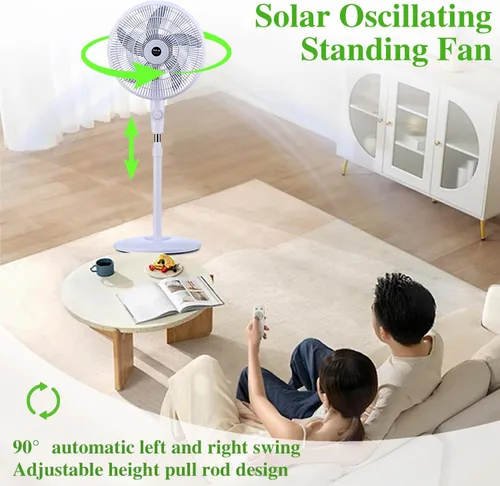 Vista 2 de Ventilador de pie oscilante solar, ventilador vertical solar, ventilador de pedestal de pie recargable con panel solar, batería de 10000 mAh, dos