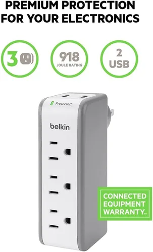 Vista 3 de Belkin - Protector de sobrecargas con montaje en pared, 3 tomas de corriente alterna, 2 puertos USB, divisor de enchufe giratorio plano, extensión