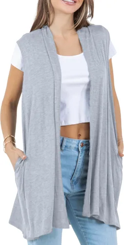 Vista 13 de Azules Cárdigan largo sin mangas para mujer con bolsillos, ligero frente abierto, capa elegante y fluida para el trabajo o uso casual
