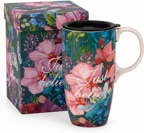 Vista 15 de DUSVALLY Taza de viaje de cerámica de 17oz con tapa, taza de café floral Azul