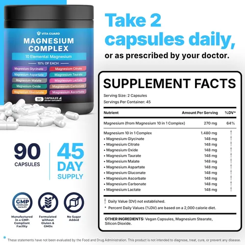 Vista 2 de Vita Guard Magnesium Complex 1480mg – 10-in-1 with Glycinate, Citrate, Malate & More – High Absorption – Sleep, Muscle, Nerve & Heart Support – 90