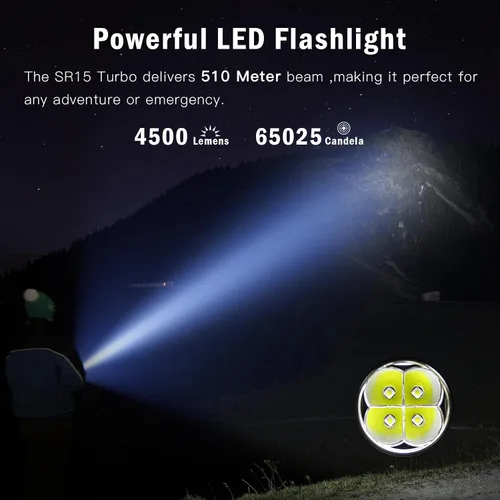 Vista 3 de Linterna recargable Sofirn SR15 de alto lúmen, 4500 lúmenes, linterna de bolsillo súper brillante con base magnética y impermeable IP68, linterna