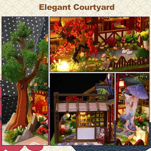 Vista 4 de Kit de casa en miniatura, pequeño restaurante japonés Sakura de madera 3D, kit de construcción de mini casa de muñecas con cubierta a prueba
