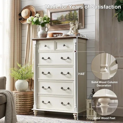 Vista 2 de T4TREAM Farmhouse - Cómoda de 6 cajones con patas de madera maciza, color blanco antiguo
