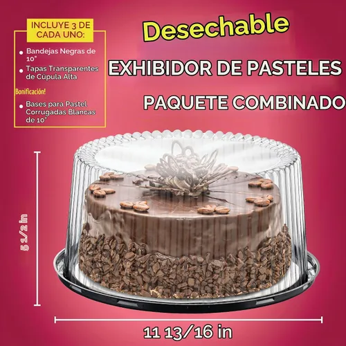 Vista 4 de Contenedores desechables de plástico de 10 a 11 pulgadas con tapas de cúpula y tablas para tartas 3 soportes redondos para pasteles