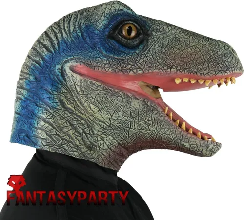 Vista 4 de Máscara de animales de Halloween, disfraz de fiesta de látex, máscara de cabeza de dinosaurio, velociraptor