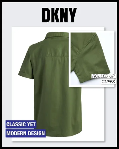 Vista 6 de DKNY Camisa de vestir clásica de manga corta con botones para niño, para la escuela, vacaciones y vacaciones (tallas 4-20)