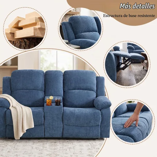 Vista 6 de Juego de sofá reclinable de 2 piezas, sofá reclinable de tela y sofá biplaza para sala de estar, sofá reclinable azul para sala de estar, oficina