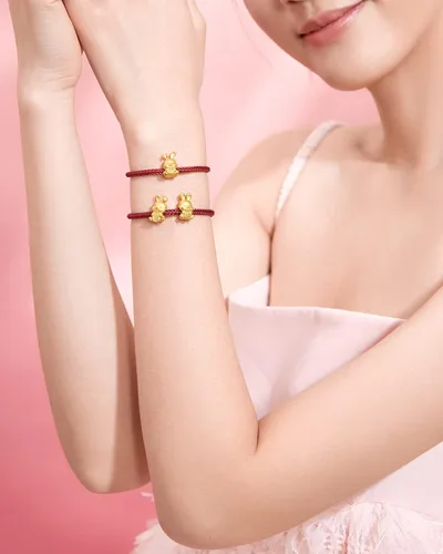 Vista 5 de ZHOU LIU FU Pulseras de oro real para mujer, pulsera de conejo de la suerte, joyería de oro de 24 quilates, pulsera roja, dije de oro sólido