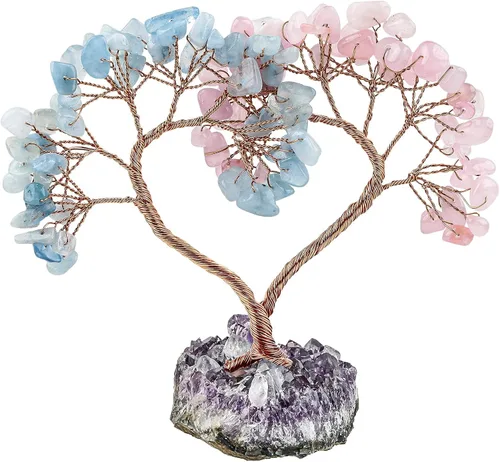 Vista 9 de mookaitedecor Árbol de cristal de corazón de aguamarina con base de amatista natural, árbol de dinero de la suerte para adorno de boda, Feng Shui