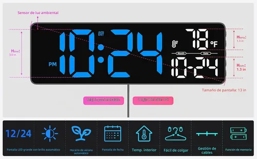 Vista 3 de Reloj de pared LED digital grande con fecha, temperatura, brillo automático, DST automático Gran reloj digital para dormitorio, escritorio, aula