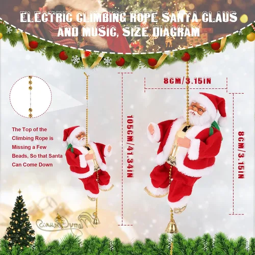 Vista 5 de Gfilay Papá Noel escalador con música, adorno colgante de árbol de Navidad, novedad de Papá Noel escalador en cuerda, decoración navideña, gran