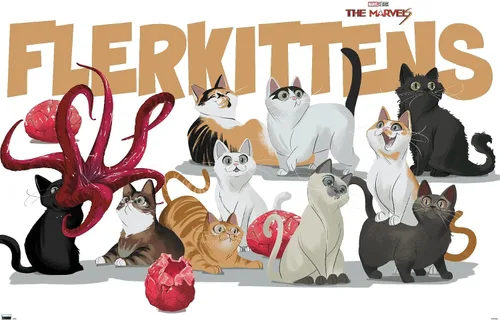 Vista 11 de Marvel The Marvels - Póster de pared de Flerkittens, 22.4 pulgadas de largo x 14.7 pulgadas de ancho, versión enmarcada de madera de granero