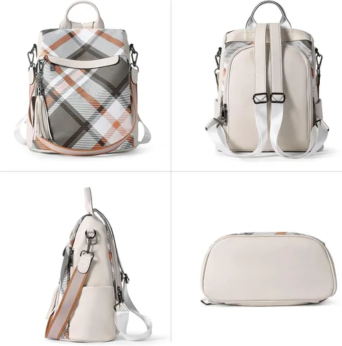 Vista 34 de Bromen - Mochila tipo bolso de mano de piel antirrobo para mujer a la moda, Beige floral, L