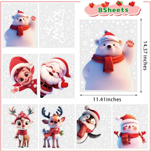 Vista 2 de CCINEE 8 hojas de calcomanías de Navidad para ventana, calcomanías de doble cara para ventana de auto de Navidad, copos de nieve, Papá Noel, renos