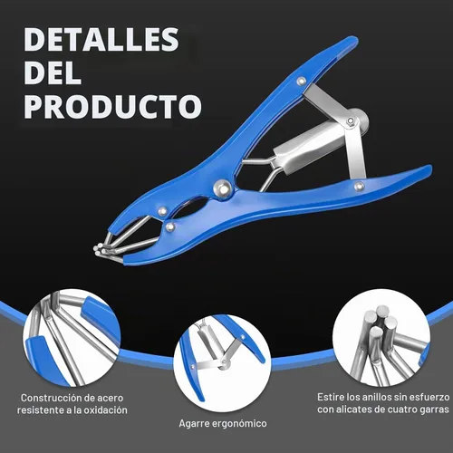 Vista 2 de Kit de Anillado para Cabras, Elastrador de Acero Inoxidable con 200 Piezas de Bandas de Goma de 3 Tamaños y Herramienta Expansora para el Manejo