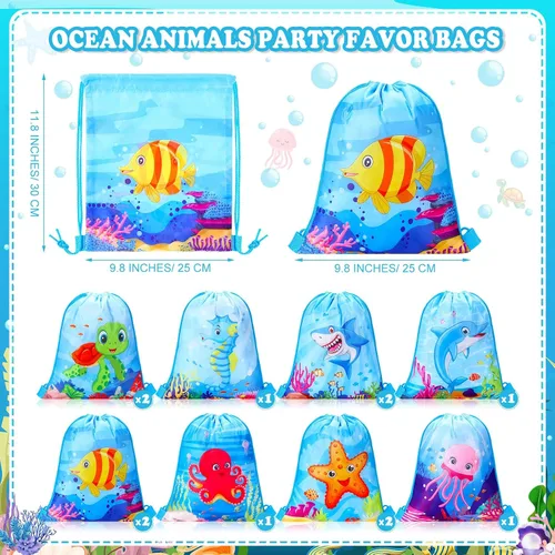 Vista 2 de Paterr Paquete de 12 bolsas de mochila con cordón para fiesta de animales del océano, bolsas de regalo de fiesta bajo el mar, bolsas de golosinas