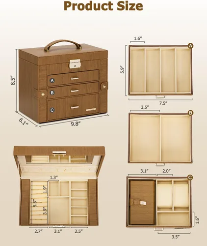 Vista 6 de Homde Joyero 2 en 1 para mujeres y niñas con estuche de viaje pequeño, espejo, collar, anillo y aretes, organizador (marrón + dorado)