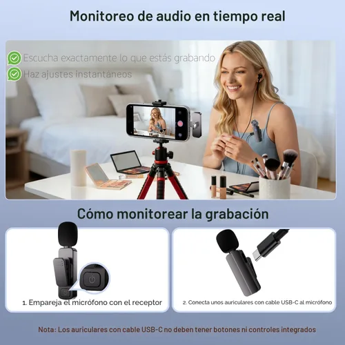 Vista 7 de Paquete de 2 mini micrófonos inalámbricos de solapa Lavalier para iPhone, Android (2 en 1) Microphone for Content Creators, 65ft Clip on Dual Mics