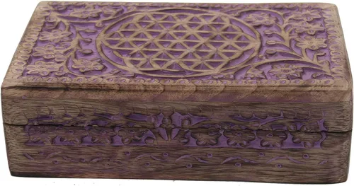 Vista 3 de DharmaObjects Caja de almacenamiento de madera tallada a mano con flores de la vida (morado, L)