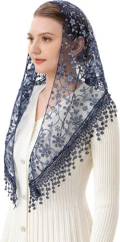 Vista 11 de Velo de Encaje Triangular Mantilla Catedral de PAMOR para Cubierta de Cabeza, Velo de Capilla para Misa, Novias, Damas de Honor beige y negro