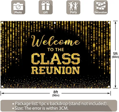 Vista 3 de Telón de fondo dorado de 96 x 60 pulgadas con texto en inglés "Welcome to the Class Reunion 20th 30th 40th Reunion Fotografía Fondo de Fiesta