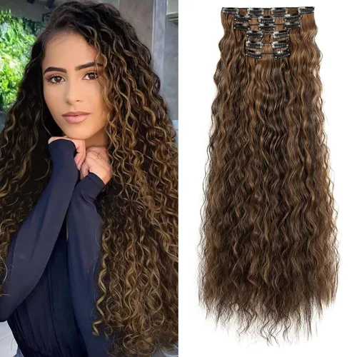 Vista 8 de LONAI - Extensiones de cabello con clip, 6 piezas, rizadas, de 24" de largo, sintéticas, para mujer, color rubio ceniza natural