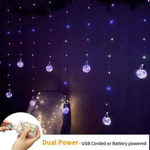 Vista 3 de YOLIGHT Wishing - Luces de cortina de 200 luces LED para ventana con control remoto, funciona con pilas USB, luces de hadas de globo parpadeante