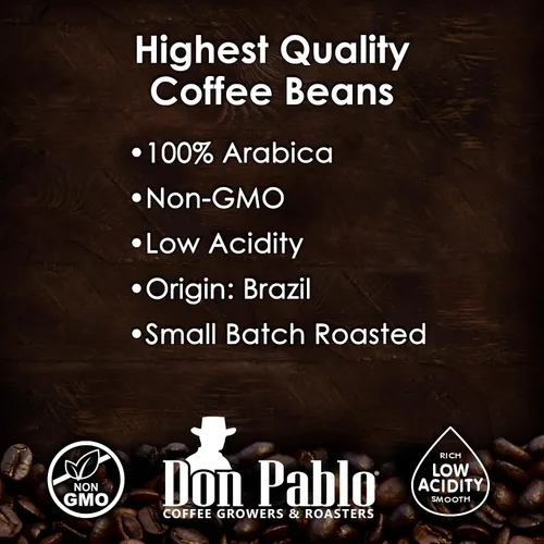 Vista 4 de Café gourmet Don Pablo de 2 libras, Brasil Cerrado, tostado medio oscuro, café en grano entero, 100% granos arábica, baja acidez y sin OMG, bolsa