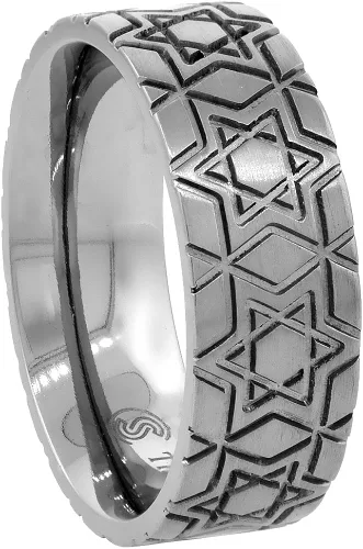 Vista 3 de Anillo de boda de titanio de 0.315in con diseño de estrella de David, talla 6 a 14