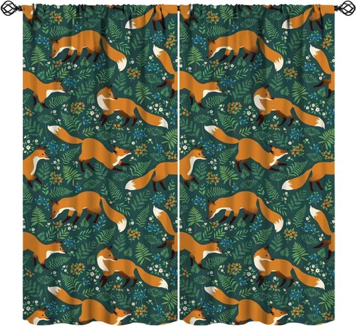 Vista 19 de Cortinas opacas de dibujos animados de animales de bosque naranja, zorro, flores, luna, hojas azules, arte abstracto, niños y niñas, decoración