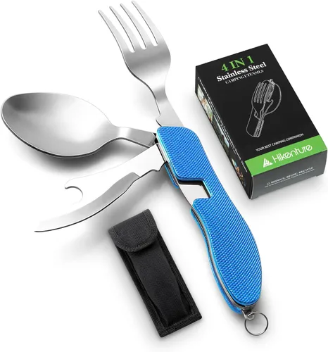 Vista 15 de HIKENTURE 4 en 1 Utensilios para Camping, Juego de Cubertería de Acero Inoxidable con Cuchara, Tenedor, Cuchillo y Abrebotellas, Cubiertos