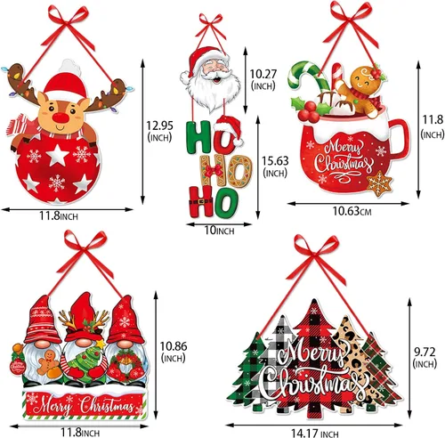 Vista 2 de Cartel de Navidad para puerta delantera de porche, decoración de Navidad en rojo y verde, carteles de papel para fiesta, carteles, árboles, alces