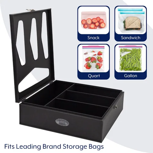 Vista 8 de AuldHome Design Enamelware Organizador de bolsas de cocina (negro), soporte estilo granja compatible con cierre de cremallera para almacenamiento