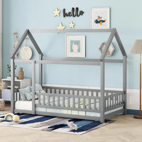 Vista 17 de Bellemave Twin House Floor Bed Frame,Espresso Solid wood montessori bed with storage shelves, built-in LED lights, charging station, no box spring
