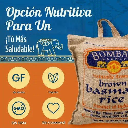 Vista 3 de Bombay Market - Arroz basmati marrón con sabor aromático y a nuez, arroz basmati de grano largo (bolsa de 10 libras)