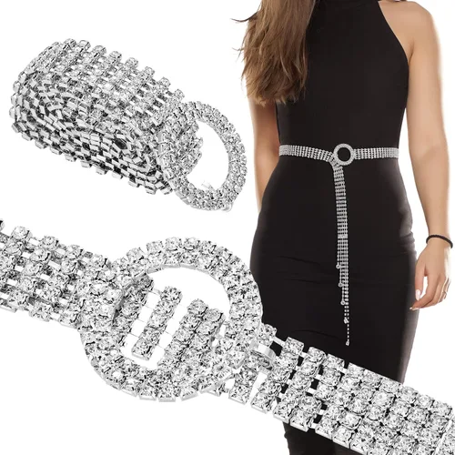 Vista 5 de 2 Pieces Rhinestone Belt for Women Shiny Crystal O-Ring Waist Belts for Dress Diamond Chain Belt for Ladies Dress Gift