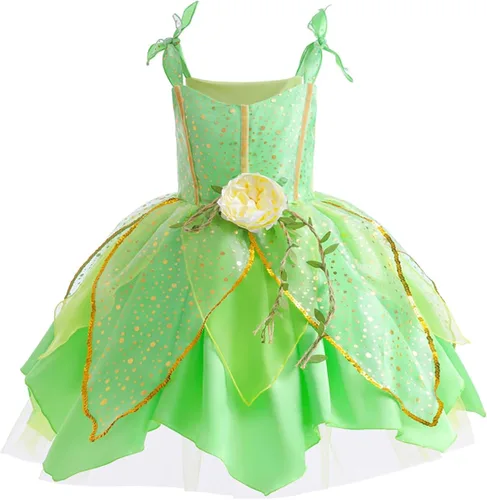 Vista 2 de Disfraz de hada de flores, conjunto de disfraz de princesa para niñas, Tinker Bell ropa para Halloween, disfraz de cosplay con ala, verde