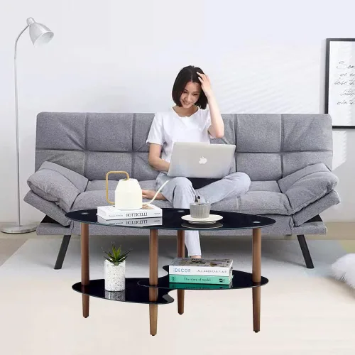 Vista 6 de Mesa de centro de cristal, mesa de centro ovalada en sala de estar con patas de madera de roble y vidrio de 2 niveles (transparente), mesa de té