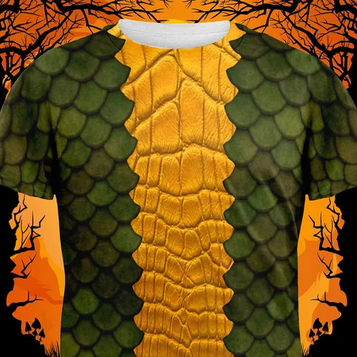 Vista 5 de playera de Halloween Disfraz de dragón verde All Over para adultos