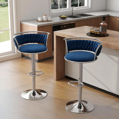 Vista 26 de Juego de 2 taburetes de bar giratorios de 360°, silla de bar de terciopelo ajustable a altura de mostrador moderna, taburete de metal plateado