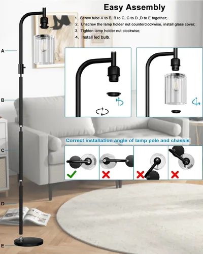 Vista 5 de Lightdot Lámpara de pie de vidrio de 63 pulgadas para sala de estar, lámparas altas modernas de pie regulables con pantalla de vidrio transparente
