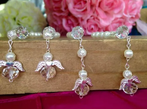 Vista 2 de 25 Pc Ivory Color Baptism Favors with Angels Mini Rosaries Silver Plated Acrylic Beads Recuerditos De Bautismo Christening Favors Decenarios Decades