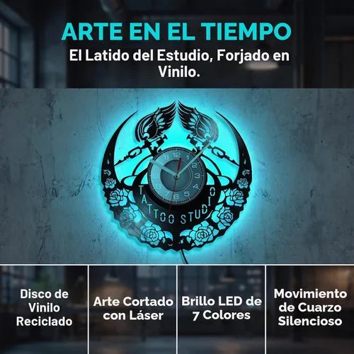 Vista 2 de Reloj de pared de disco de vinilo de tatuaje, 7 LED de retroiluminación de Con LED